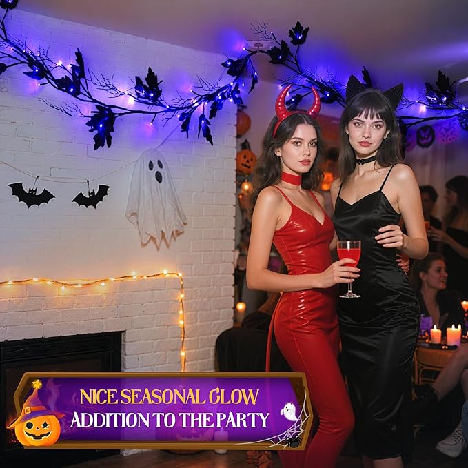 Halloween Lighted Willow Vine Twig Decoration, 6.56 FT Light up Garland Battery Operated with Purple LED Lights, 8 Modes and Timer, 12 Bat and Ghost Ornaments, 4 Adhesive Hooks