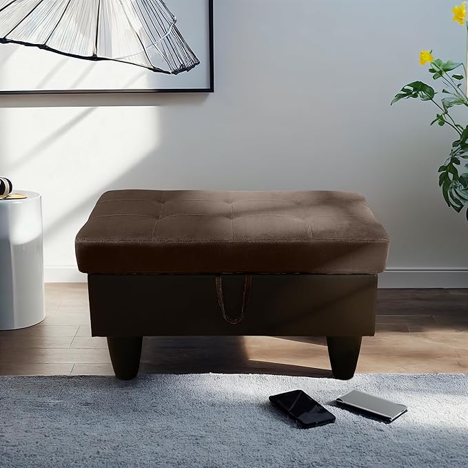 Ottoman Rectangular Storage Ottoman Bench, Flannel Footrest Stool Footstool with Lid for Living Room, Bedroom, Entryway, Dark Brown&Black, 35"x23.5"x17.5"
