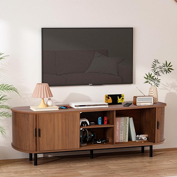 62" Tambour Door TV Stand,Wood Mid Century Modern TV Cabinet for Up to 70“ TV,Curved Edge Long TV Stand with Storage for Bedroom Living Room(Walnut, 62.2inch)