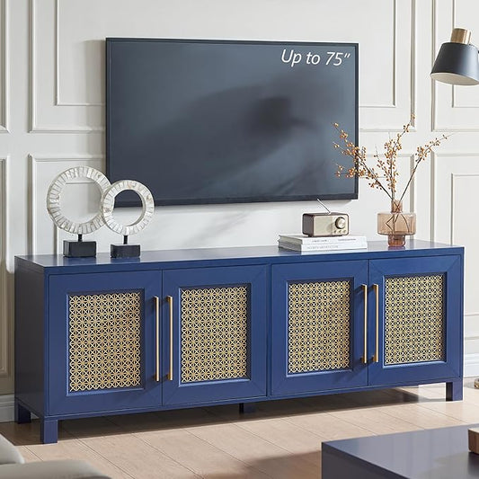 JYED Mid Century Modern TV Stand for TVs up to 75", 69.5" W Blue Entertainment Center with 4 Gold Metal Mesh Doors - Wood Grain MDF TV Console, Media Storage