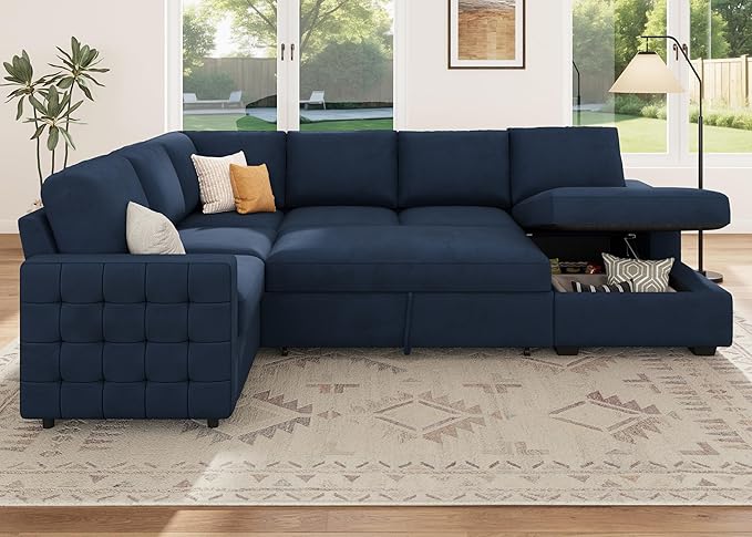 HONBAY Sleeper Velvet Blue Sectional Couch with Pull-Out Bed, Storage Chaise for Living Room