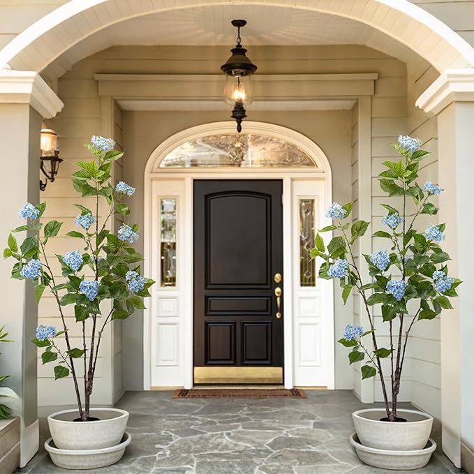 Fake Plants Home Decor Artificial Plants Outdoor Hydrangea Artificial Plants Indoor Fake Tree Living Room Decor Artificial Tree Porch Decor Fiddle Leaf Fig Tree 6Ft (Blue)