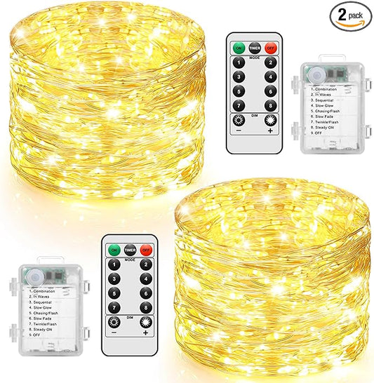 2 Pack 100 LED Fairy Lights Battery Operated with Remote, 33FT Waterproof Twinkle Lights with 8 Modes & Timer, String Lights for Bedroom DIY Wedding Indoor Outdoor Christmas Decorations, Warm White