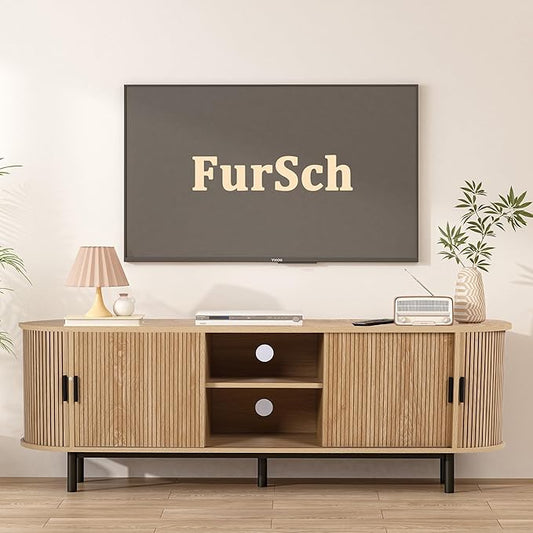 62" Tambour Door TV Stand,Wood Mid Century Modern TV Cabinet for Up to 75“ TV,Curved Edge Long TV Stand with Storage for Bedroom Living Room (Natural, 62.2inch)