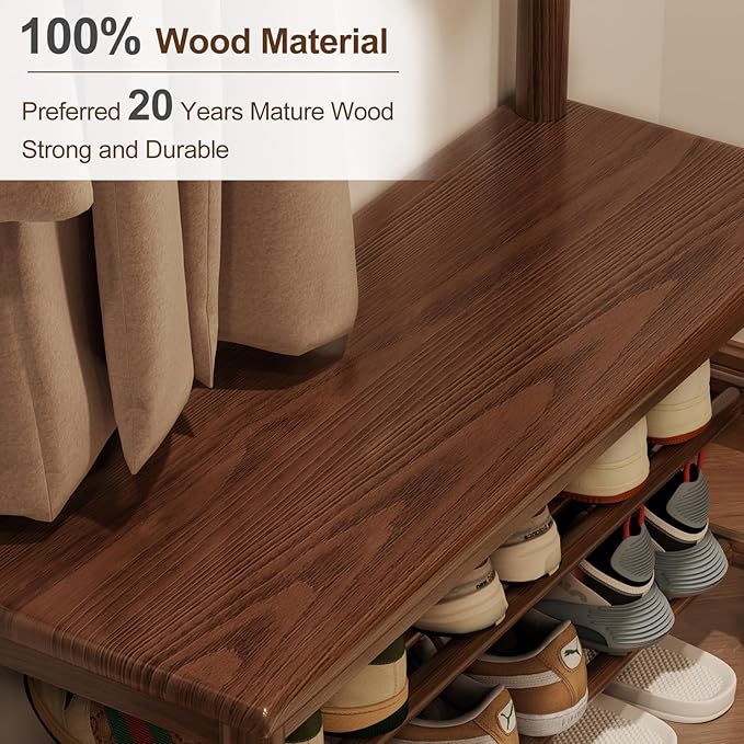 Hall Tree, Coat Rack with Shoe Storage, Wooden Hall Tree with Bench, 11 Hooks and 2-Tier Storage Shelves, Entryway Bench with Coat Rack (31.5" - Deep Walnut)
