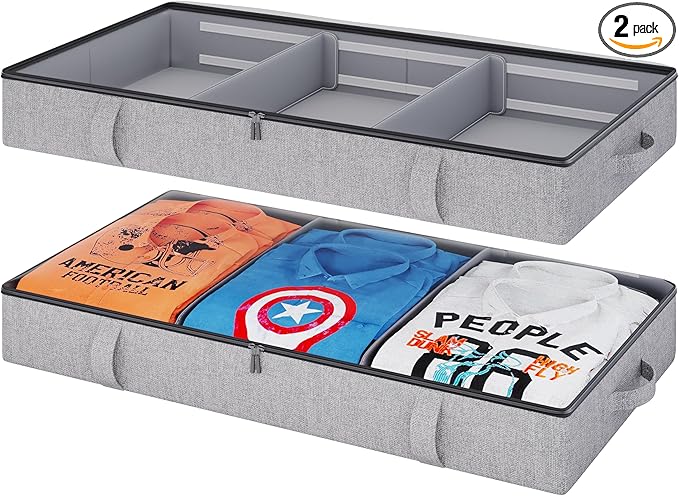 Vailando Under Bed Storage, 2 Pack Under Bed Storage Containers with Dividers, Firm Sides, Strong Zipper, 3 Reinforced Handles, 6 Inches Low Profile Underbed Storage Bins for Clothes, Blankets, Grey