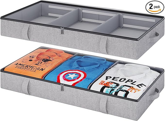 Vailando Under Bed Storage, 2 Pack Under Bed Storage Containers with Dividers, Firm Sides, Strong Zipper, 3 Reinforced Handles, 6 Inches Low Profile Underbed Storage Bins for Clothes, Blankets, Grey