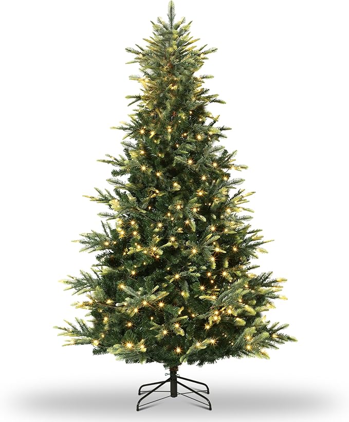 7.5ft Pre-lit Artificial Christmas Tree,Spruce Prelit Christmas Trees for Home,Office,Party Thickened PE&PVC Branch Tips & UL Listed Lights Incandescent Warm White,Fire-Resistant Automatic Branches