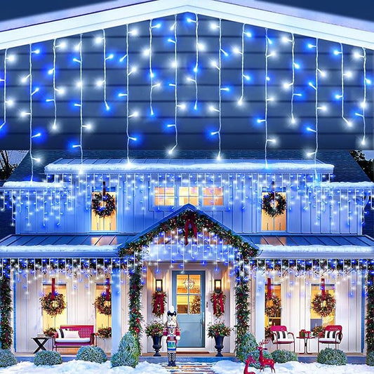 66ft Blue and White Christmas Lights, 640 LED Icicle Lights for Outside House Clear Wire Connectable Twinkle Lights with 8 Modes Timer Waterproof for Window Party Tree Holiday Patio Yard Home Decor