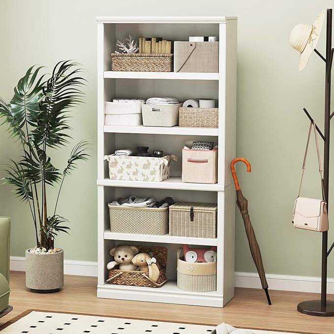 70-Inch Tall White Bookcase, 5 Tiers Shelves Open Storage Bookshelf, 33 in Wide Anti Tipping Indoor Furniture, Book Cases for Home Library Office Bedroom School