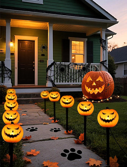 Classic Halloween Charm: 5 Pack UL-Listed Pumpkin Pathway Lights,Warm & Steady Plug-in Jack o' Lanterns,Weatherproof Outdoor Decor Stakes for a Safe, Nostalgic Trick-or-Treat Yard