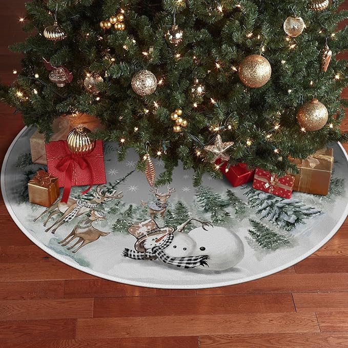 AVOIN colorlife Snowman Reindeer Snowflake Christmas Tree Skirt 48 Inch, Winter Holiday Tree Mat Decoration