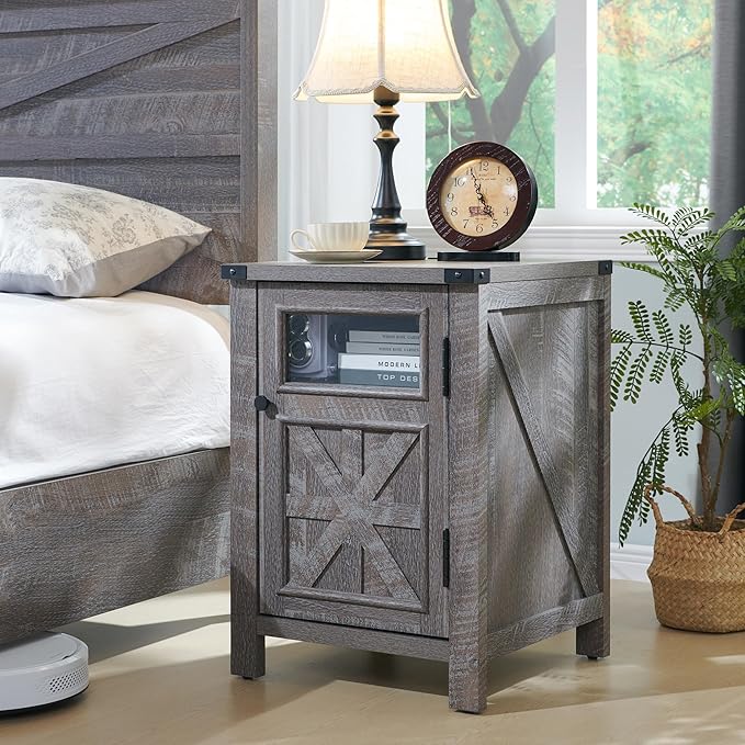 JXQTLINGMU Farmhouse End Table with Charging Station, 18'' Rustic Nightstand with Barn Door & Adjustable Shelf, Wooden Sofa Side Table with 3-Tier Storage for Living Room, Bedroom, Gray