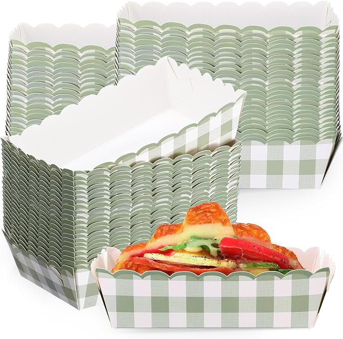 48 Pcs Gingham Party Supplies Sage Green Gingham Paper Food Trays Green and White Nacho Boat Trays Disposable Snack Holder for Spring Birthday Party Baby Shower Bridal Wedding Supplies