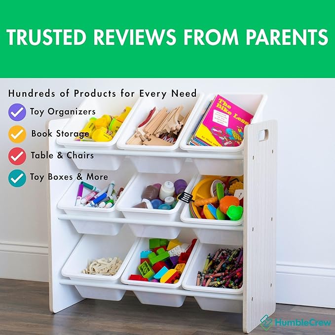 Humble Crew 9-Bin Toy Organizer – Hampton Sandwashed with White Plastic Bins, 3-Tier Storage Solution for Kids' Playrooms and Nurseries