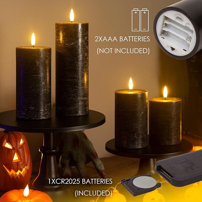 Halloween Flameless Candles, 4 Pack Battery Operated Halloween Candles with Remote, Wax LED Fake Pillar Candles Fireplace/Shelf Decor D3 H 5" 6" 7" 9" Black
