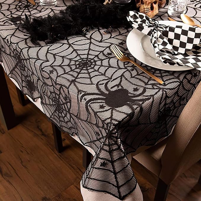Halloween Tablecloth, Black Spider Web Lace Table Cloth, Gothic Kitchen Decor, Fall-Themed Party Decorations, Spider Web Reusable Home Accent, 54*72 Inches