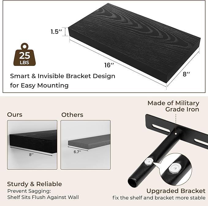 RICHFOCUS 16Inch Floating Shelves for Wall 2 Pack Shelves for Bedroom|Kitchen|Bathroom Wall Mounted Rustic Wood Floating Shelf with Invisible Brackets for Books|Storage|Decor, Black