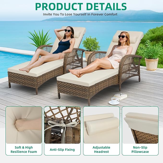 VIVIJASON Outdoor Wicker Chaise Lounge Chair, All-Weather PE Rattan Cushioned Patio Lounger Chair, 6-Position Adjustable Pool Sunbathing Recliner with Armrest & Pillow for Poolside Deck Yard, Beige