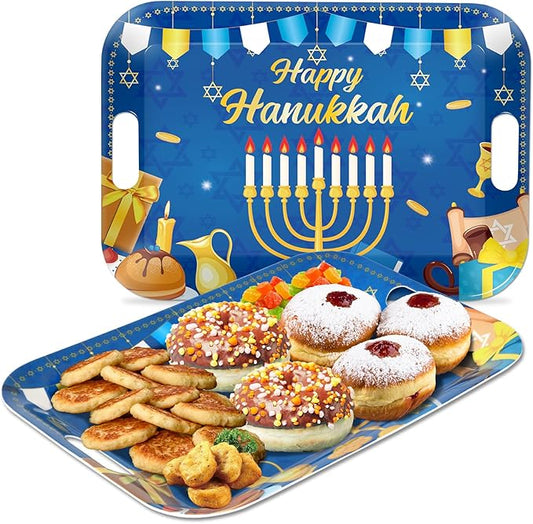 gisgfim 2Pcs Happy Hanukkah Serving Trays with Handles 16 x 11 Inch Large Melamine Tray Rectangular Jewish Chanukah Serving Platter Menorah Blue White Tray Melamine Dishes for Serving Dinner Dessert