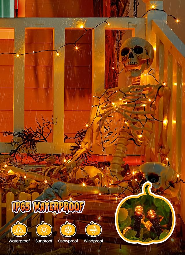 Brightown 2 Pack Halloween Solar String Lights Outdoor, Total 144Ft 400 LED Twinkle Fairy Lights Waterproof with 8 Modes Auto On/Off for Patio Tree Garden Party Home Decorations (Orange)
