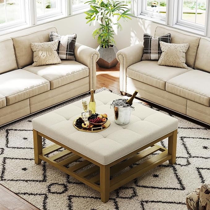 Large Square Ottoman Coffee Table, Linen Solid Upholstered Footrest Ottoman with Solid Wood Shelf Storage Tufted Coffee Table for Bedroom Living Room, Ivory