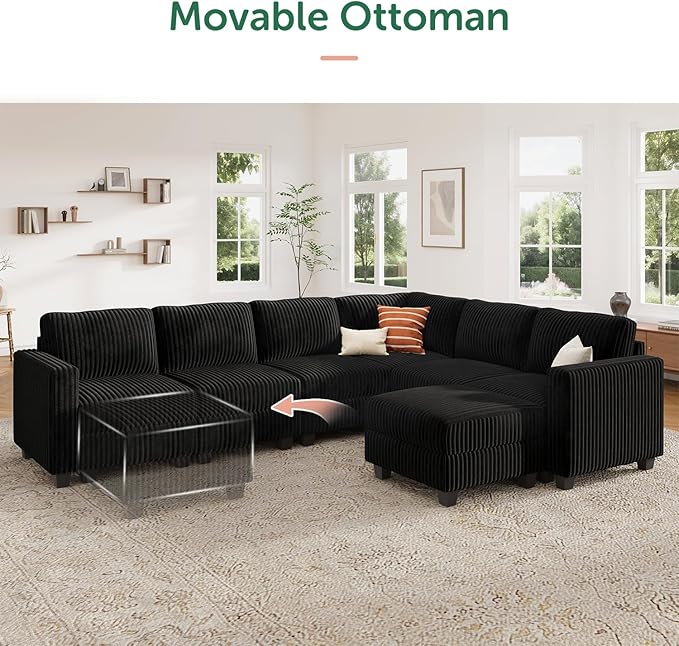 HONBAY Corduroy Sectional Couch with Storage U Shaped Sectional Sofa Modular Sectional Couches for Living Room, Black