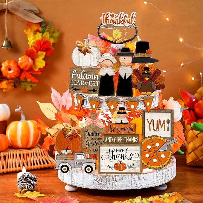 21 Pcs Fall Tiered Tray Decoration Set Thanksgiving Table Sign Pumpkins Farmhouse Decor Gnome Maple Leaves Centerpieces Harvest Wood Blocks Signs Fall Block Tabletop for Autumn(Fresh)