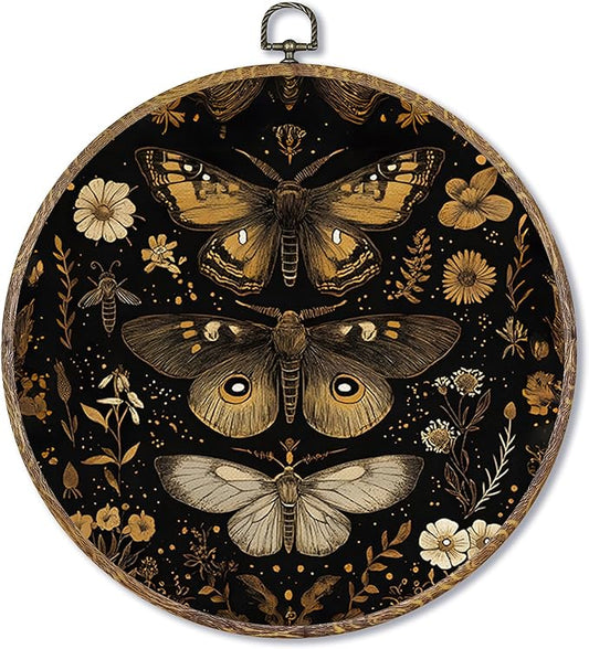 Fewgb Black Gothic Moth Round Wall Art Decor Framed for Gallery Bedroom Living Room Bathroom, Dark Witchy Butterfly Flower Canvas Wall Art Prints Picture, Moody Floral Hanging Room Decor Artwork 10x10