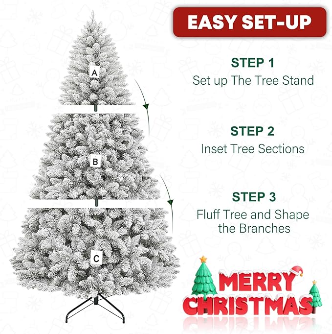 6ft Lighted Artificial Christmas Tree, 250 Multicolor LED Lights, Snow Flocked Christmas Tree with 1032 PVC Tips, Metal Base & Hinged Branches for Holiday, 10 Modes