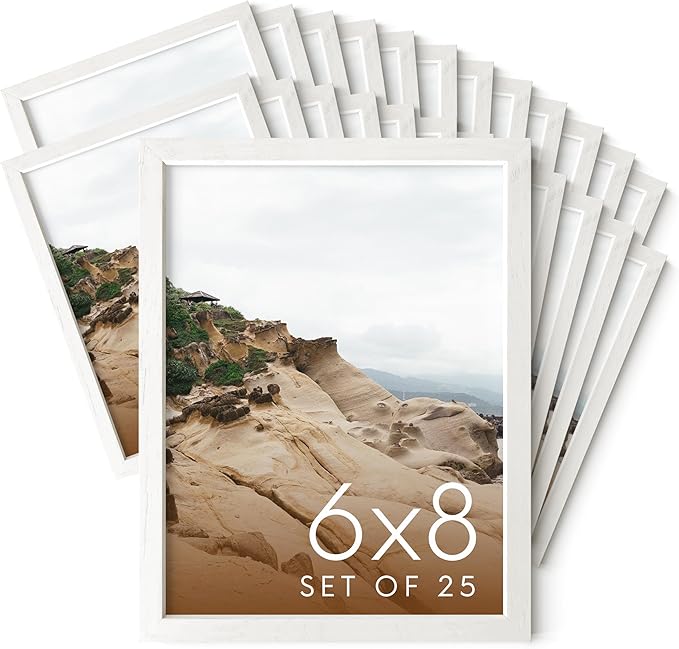 HAUS AND HUES 6x8 White Oak Wooden Picture Frame - Set of 25 6x8 Poster Frame - Premium Oak, Vertical Hang, Shatterproof Plexiglass - Ideal for Home, Room, Office (6x8-inch, White, Set of 25)
