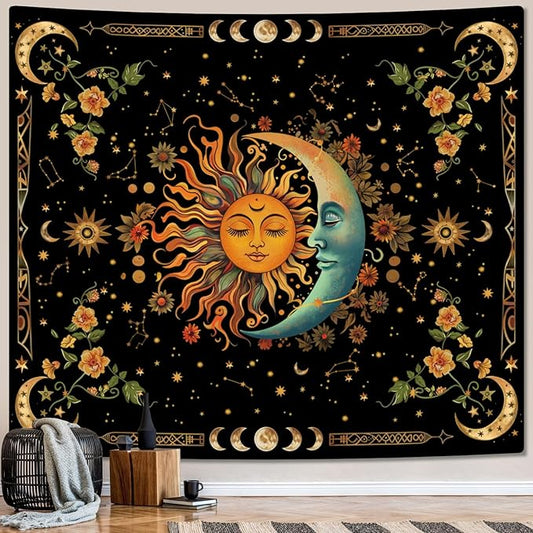 ARTCREATOR Sun and Moon Tapestry Astrology Space Wall Hanging Boho Hippie Floral Plant Tapestries Aesthetic Vintage Mandala Flower Decor for Living Room Bedroom (29" x 37")