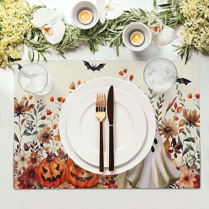 Halloween Placemats Set of 4 Vintage Wildflower Pumpkin Ghost Bat Place Mats 12x18 Inch Rustic Retro Spooky Washable Table Mats for Party Kitchen Dining Decoration