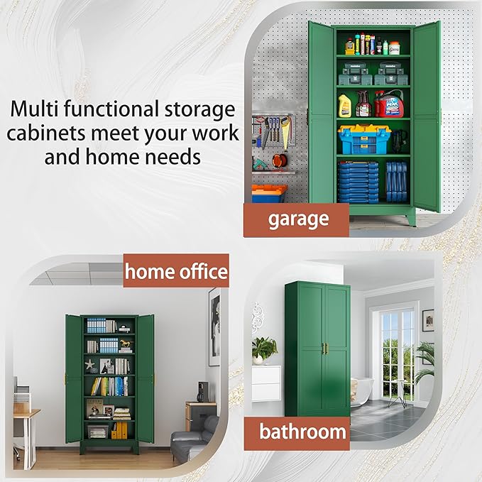 Kitchen Pantry Storage Cabinet with Doors and Adjustable Shelves, Metal ClosetMaid Food Pantry Cabinets, 75" Tall Freestanding Cupboard for Kitchen, Laundry or Utility Room, Green