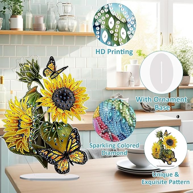 Diamond Painting Kits for Adults Beginners, 5D Full Drill Sunflower Butterfly Crystal Art Desktop Ornament, DIY Single Sided Home Office Desk Decor, Creative Craft Gift Set with Tools
