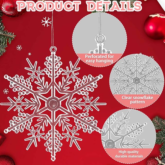 6pcs Large Clear Snowflakes Ornaments 12" Big Plastic Glitter Snowflake for Winter Indoor Outdoor Christmas Tree Window Room Decorations Giant Craft Snowflakes