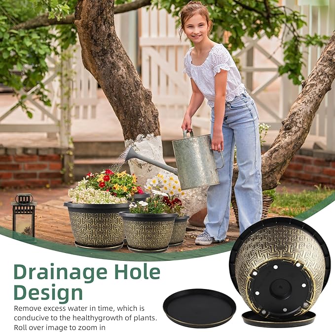 8 Inch Plant Pots, 4 Pack Flower Pot Outdoor with Drainage Holes & Trays, Retro Antique Imitation Decorative Garden Plastic Planters Pots for Plants Indoor Sets for Houseplants