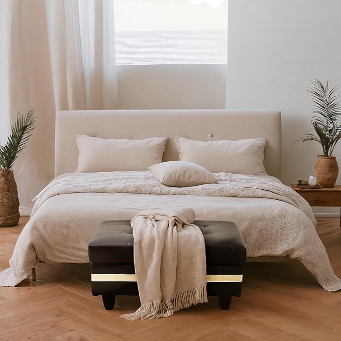 Ottoman Rectangular Storage Ottoman Bench, Faux Leather Footrest, Coffee Table, Stool Footstool with Hinged Lid for Living Room, Bedroom, Entryway, Black with White Strip, 35"x23.5"x17.5"