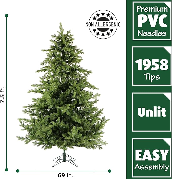 Fraser Hill Farm 7.5-Ft. Foxtail Pine Artificial Christmas Tree with Stand and No Lights, Unlit Foldable Fake Christmas Tree with Realistic Foliage for Home Decoration