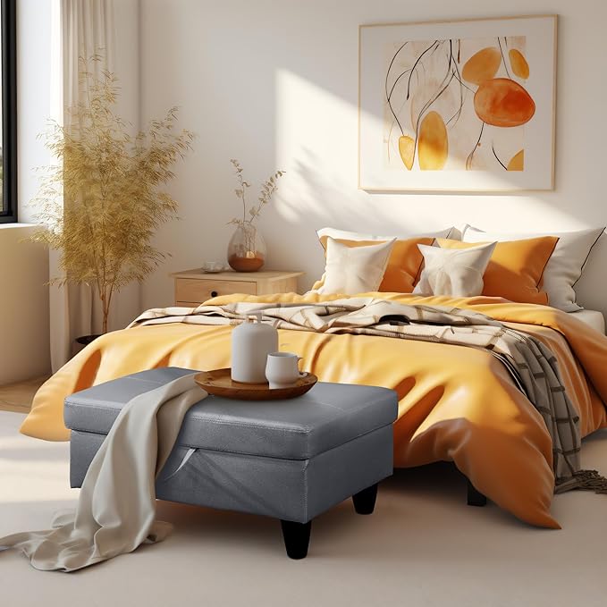 Ottoman Rectangular Storage Ottoman Bench, Faux Leather Footrest, Coffee Table, Stool Footstool with Hinged Lid for Living Room, Bedroom, Entryway, Gray, 28.5"x19"x17.5"