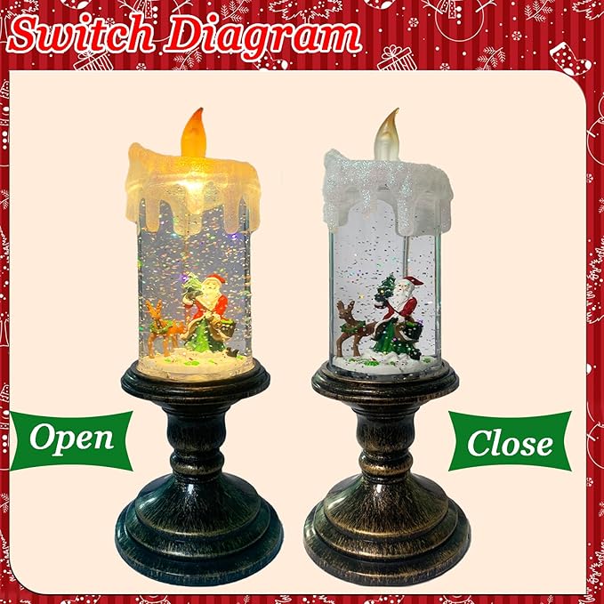 Flameless Snow Globe Candle Light Christmas Santa Decoration with Swirling Water & Glitter, Spinning LED Candles for Home, Tabletop, Holiday Decor