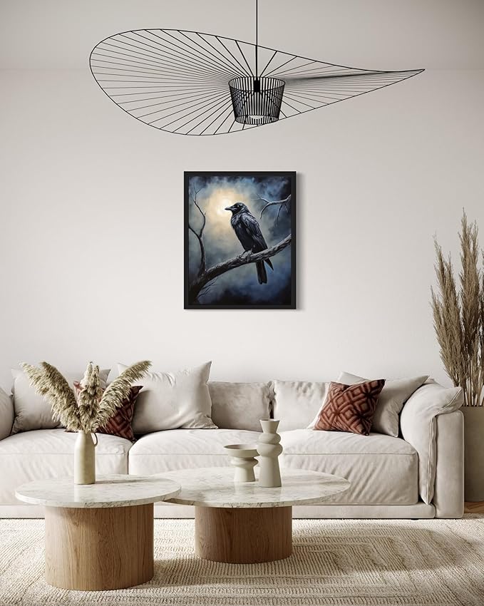 Crow under the Moonlight Poster Art Print, Halloween Scary Vintage Wall Art Academia Spooky Painting Decoration for Horror Prints, Gothic Posters Bedroom Decor 89 (Crow under the Moonlight, 8 x 10 inches, Black Frame)