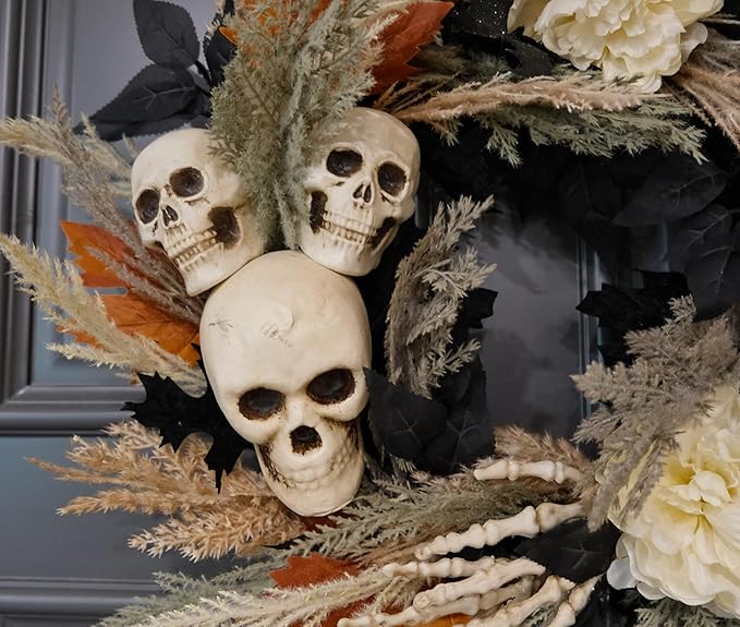 24" Halloween Wreath for Front Door with Artificial Skulls, Wheat, Maple Leaves and White Peonies - Fall Halloween Holiday Decoration for Home Door Wall Indoor/Outdoor