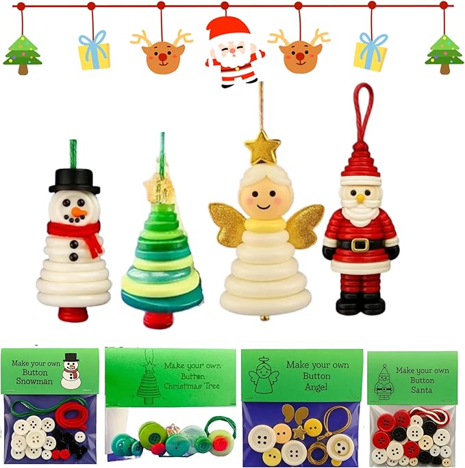 DIY Christmas Button Ornament Making Set–Fun Holiday Handmade Decorations for All Ages,DIY Craft Buttons Kit with Christmas Snowman/Santa/Angel,Xmas Tree Hanging Decorations (#D)