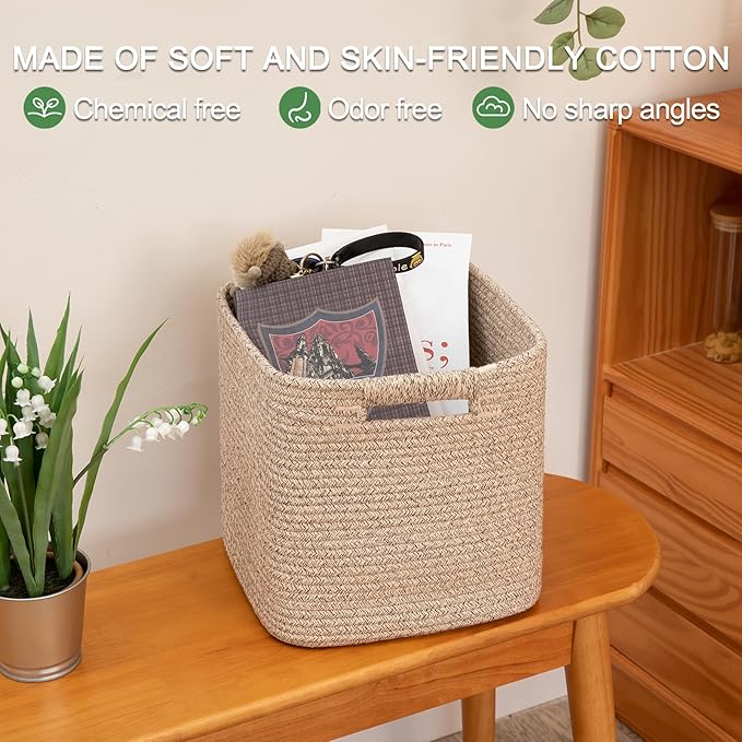 OIAHOMY Storage Cubes 11 Inch Storage Bins-3-Pack, Cotton Rope Woven Baskets for Organizing, Square Storage Baskets for Shelves Organizer, Classroom, Kids Toy Bins, Closet, Baby Nursery-Brown
