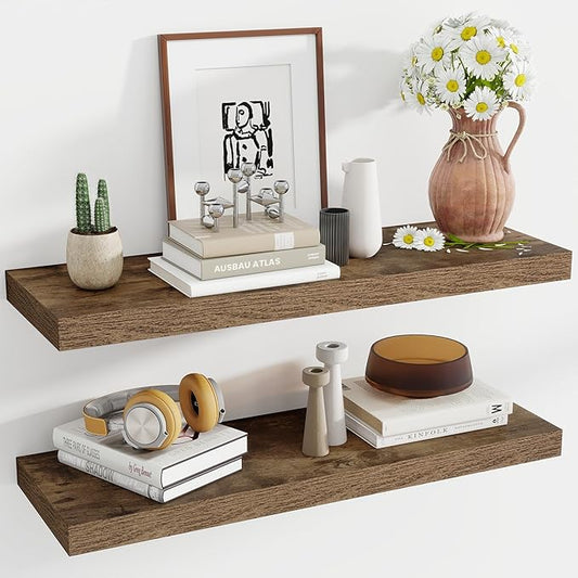 36 Inch Floating Shelves, 11.6 Inch Deep Floating Shelves for Wall, Floating Shelf with Invisible Brackets, Deep Shelves for Bathroom, Bedroom, Living Room, 2 Pack, Brown