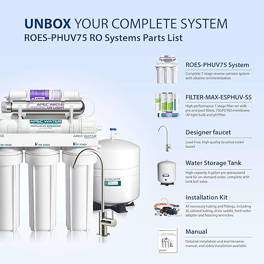 APEC Water System ROES-PHUV75 Essence Series Top Tier Alkaline Mineral pH+ and UV Ultra-Violet Sterilizer 75 GPD 7-Stage Ultra Safe Reverse Osmosis Drinking Water Filter System