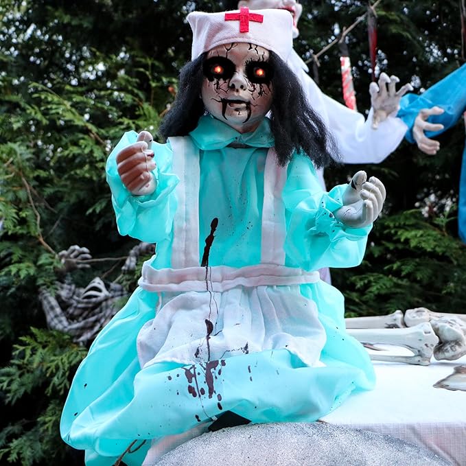 Haunted Hill Farm 1.8 ft. Groundbreaker Zombie Nurse Animatronic with Flashing Red Eyes and Poseable Arms, Creepy Halloween Decoration with Sound Effects, Battery Operated Prop