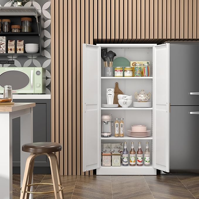 Kitchen Cabinet Storage,60”Metal Pantry Cabinet with Doors and 3 Adjustable Shelves,Food Pantry Cabinets with 2 Gold Handles,White Tall Storage Cabinet for Livingroom,Pantry,Bathroom,Kitchen