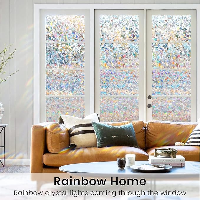 DOWELL Window Privacy Film, Rainbow Window Film, Decorative Stained Glass Clings, Static Cling Door Sticker, Non-Adhesive 3D Decals for Home UV Protection, 11.8 x 78.7 inches